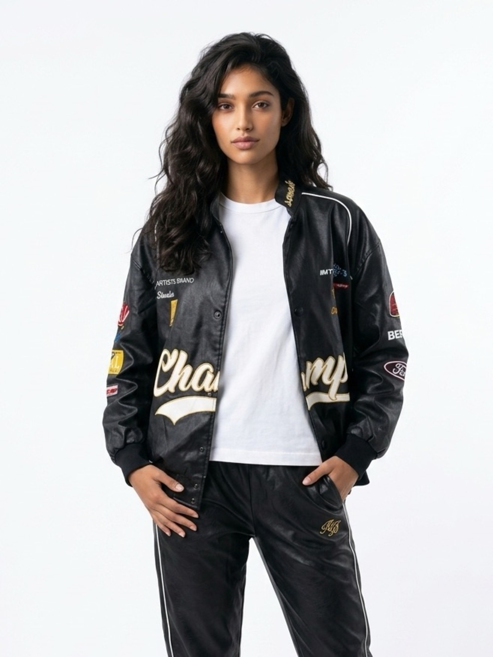 Aelfric Eden Faux Leather Racing Bomber Jacket Black Patchwork Streetwear XS NEW